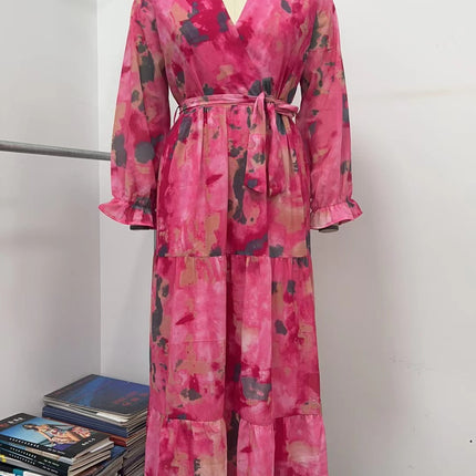 Long-sleeved Floral Print Dress Elegant V-neck Pleated High-waisted Big Swing Chiffon Maxi Dresses For Women Clothing