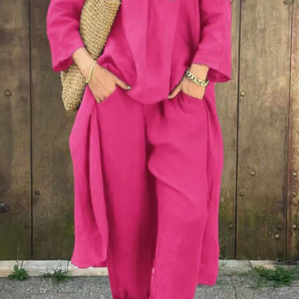 2pcs Long-sleeved Suits Loose V-neck Long Top And High Waist Wide Leg Pants With Pockets Women's Clothing