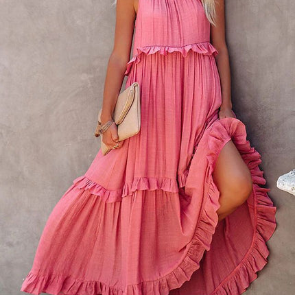 Summer Vacation Style Halter Neck Long Dresses Women Fashion Backless Leace-up Loose Ruffles Beach Dress Elegant Ladies Vestidos