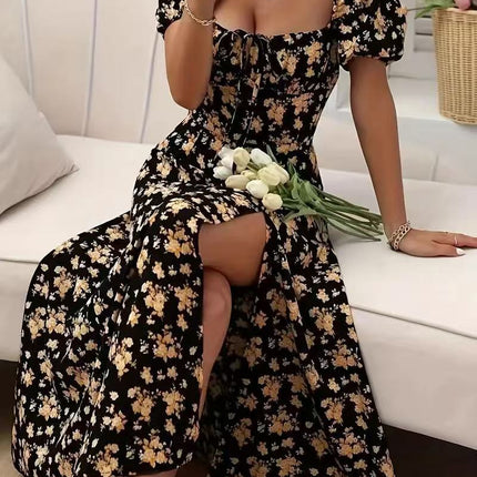 Floral Print Short Sleeve Split Dress Summer Fashion Lace-up Beach Long Dresses Women's Clothing