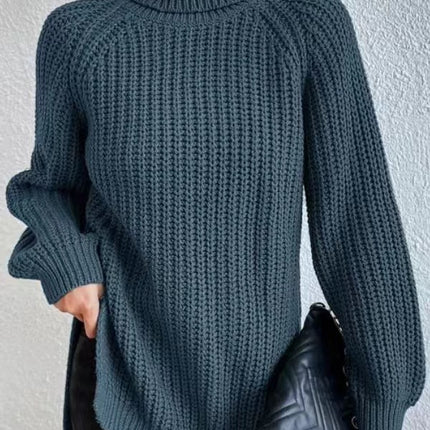 Turtleneck Pullover Sweater With Split Design Fashion Simple Solid Color Long Sleeve Tops Women's Clothing