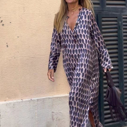 Summer Geometric Printed V-neck Long Dress Fashion Long Sleeve Slit Dresses For Women