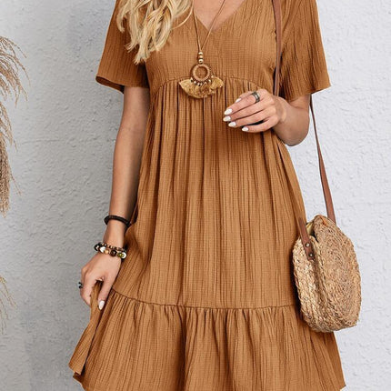 V-neck Short Sleeve Dress Summer Fashion Casual Loose Ruffled Dresses Beach Clothing Women