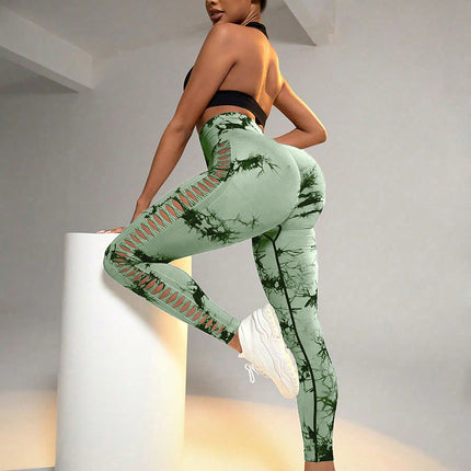 2 Pack Tie-dye Hollow High-waist Butt-lifting Women's Fitness Pants, Women's Tie Dye Cutout Tights Workout Yoga Leggings