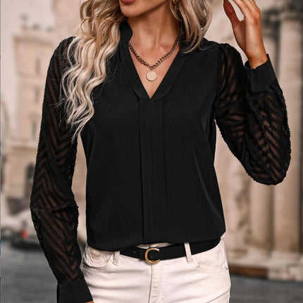 V-neck Long-sleeved Chiffon Shirt Lace Stitching Solid Color Tops Women Clothing