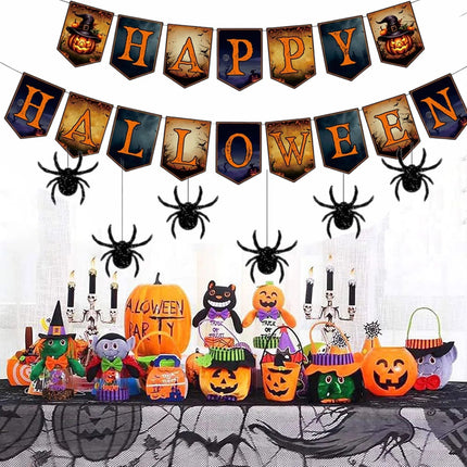 Happy Halloween Banner And Hanging Spider Garland Trick Or Treat Banner Sign Happy Halloween Paper Banner For Halloween Party Decorations