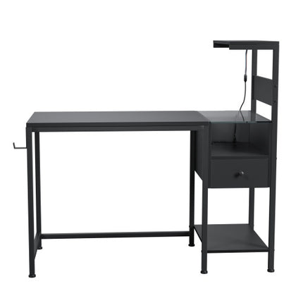 Computer Desk With Power Outlet  Storage Shelves, Study Writing Table With USB Ports Charging Station, PC Desk Workstation For Home Office, Black