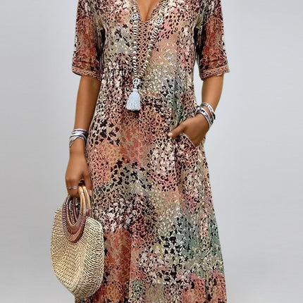 Summer V-neck Half-sleeved Dress With Pockets Fashion Ethnic Print Dresses Beach Holiday Clothing For Women