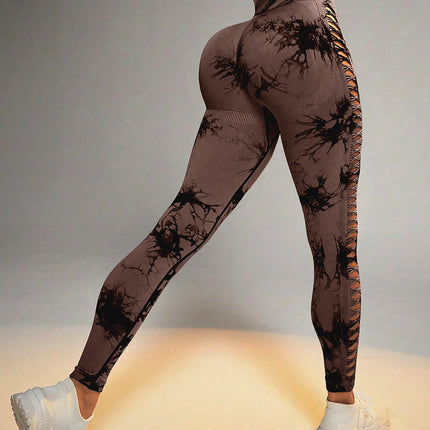 2 Pack Tie-dye Hollow High-waist Butt-lifting Women's Fitness Pants, Women's Tie Dye Cutout Tights Workout Yoga Leggings