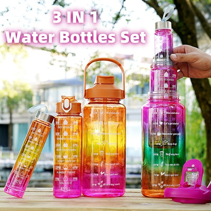 3-in-1 Gradient Color Motivational Water Bottles Set Plastic Straw Double Drink Translucent Outdoor Sports Bottle