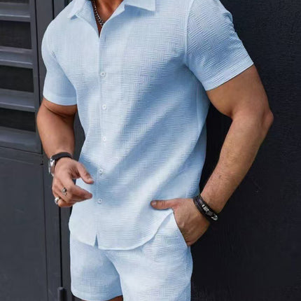 Leisure Breathable Beach Two Piece Suits Mens Summer Casual Short Sleeve Shirt And Shorts Men Outfits Vintage Textured Solid Set