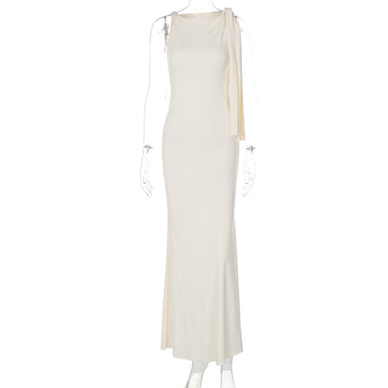 One-shoulder Ribbon Long Dress Ins Fashion Slim Sleeveless Dresses For Evening Party Club Clothing Women