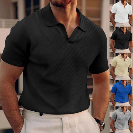 INS Waffle Lapel Short-sleeved T-shirt Summer Fashion Solid Color V-neck Polo Shirt Tops Men's Clothing