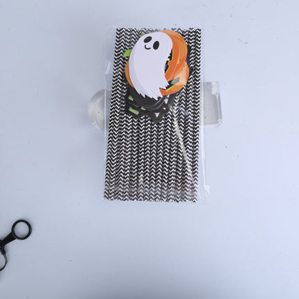 Set Of 25Pcs Halloween Party Striped Decorative Straws Disposable Drinking Straws Paper Straw Decor Happy Halloween Ghost Lantern Black Cat Halloween Party Supplies