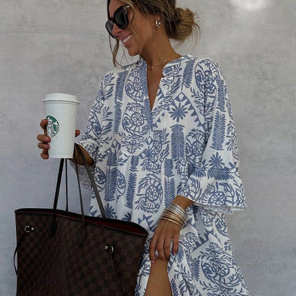 Autumn Casual Print Vacation Loose Dress Women Fashion V-neck Flare Sleeve Elegant Ruffle Shirt Dress Female Vintage Loose Dress