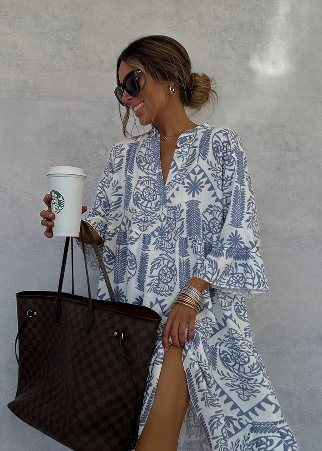 Autumn Casual Print Vacation Loose Dress Women Fashion V-neck Flare Sleeve Elegant Ruffle Shirt Dress Female Vintage Loose Dress