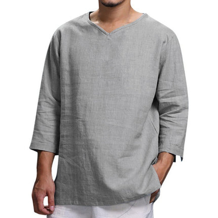 Loose Casual V-neck Top Cotton And Linen Long Sleeve Pullover Shirt Mens Clothing