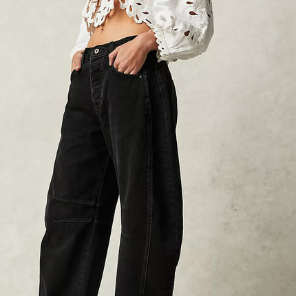 High Stretch Mid-Rise Barrel Jeans Fashion Wide Leg Shape Women Casual Baggy Mid Waist Denim Jeans
