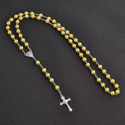 Imitation Pearl Cross Rosary Long Christian Necklace Unisex Sweater Chain