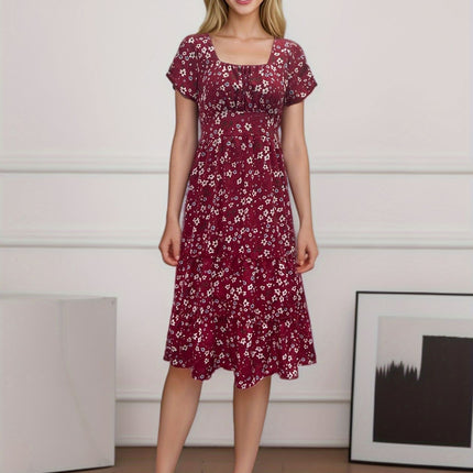 Square Collar Short Sleeve Dress Summer Puff Floral Printed Dress Long Dresses