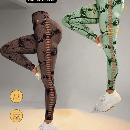 2 Pack Tie-dye Hollow High-waist Butt-lifting Women's Fitness Pants, Women's Tie Dye Cutout Tights Workout Yoga Leggings