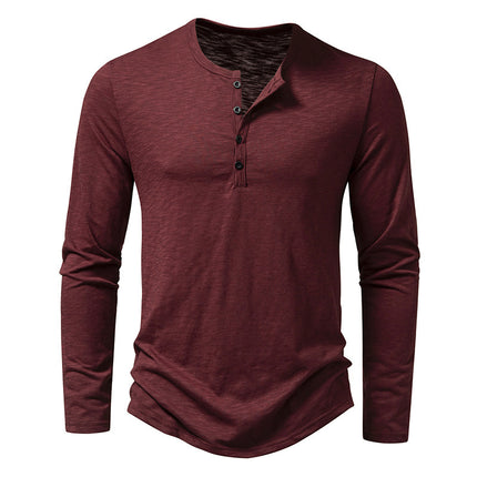 Men's Long-sleeved T-shirt Fashion Casual Solid Color Pullover Button Top Autumn And Spring Clothing