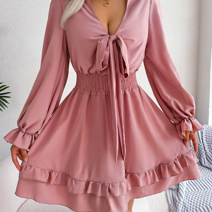 Summer Dresses Solid Color V-neck Long Sleeve Dress For Women Sexy V-neck Lace Up A-line Dress Women's Beach Dress