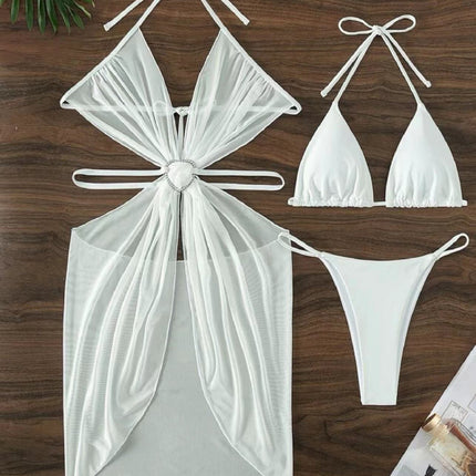 3pcs Halter Neck Bikini Beach Summer Solid Color Split Swimsuit Womens Clothing