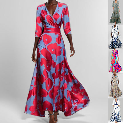 Fashion Print Half-sleeve V-neck Dress Temperament Slim Tight Waist Dresses For Women