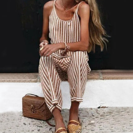 Striped Bib Jumpsuit With Pockets Summer Fashion Loose Wide-leg Pants For Women Clothing