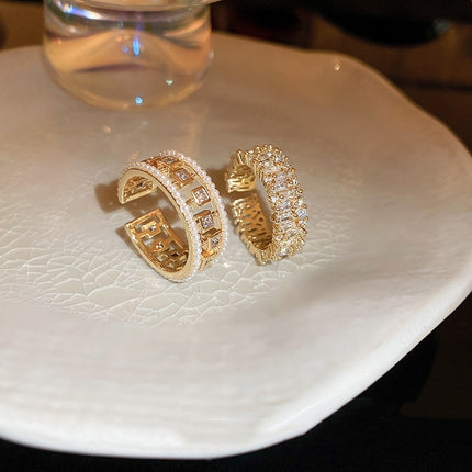 Pearl Hollowed-out Square Open-end Zircon Ring European And American Fashion Ring Female Jewelry