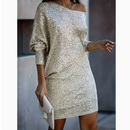 Fashion Oblique Shoulder Sequins Dress Ins Long-sleeved Dresses For Party Women's Clothing