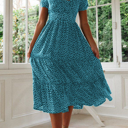 Square Collar Short Sleeve Dress Summer Puff Floral Printed Dress Long Dresses