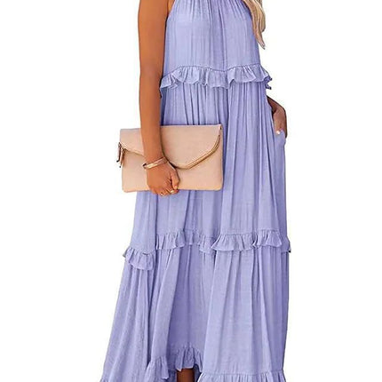 Summer Vacation Style Halter Neck Long Dresses Women Fashion Backless Leace-up Loose Ruffles Beach Dress Elegant Ladies Vestidos