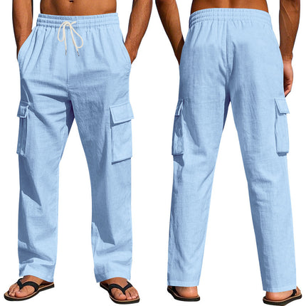 Men's Workwear Multi-pocket Straight Linen Pants Linen Four Seasons Thin Breathable Cargo Pants, Multi-pocket Loose Casual Trendy Wide-leg Pants