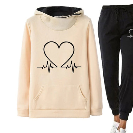 Love Heart Printed Sports Suit Hooded Sweatshirt Top And Drawstring Pants Fashion Casual Clothing For Women