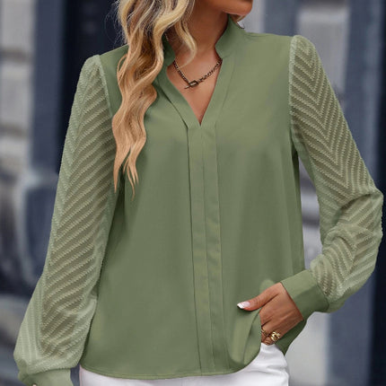 V-neck Long-sleeved Chiffon Shirt Lace Stitching Solid Color Tops Women Clothing