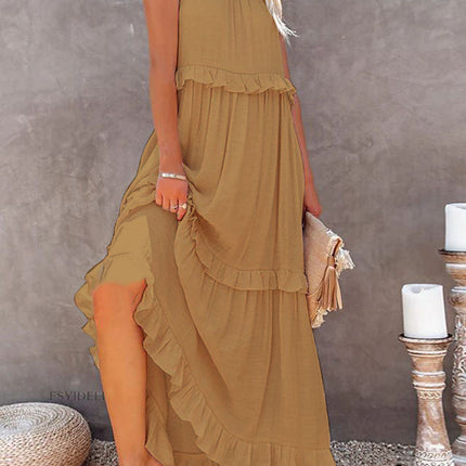 Summer Vacation Style Halter Neck Long Dresses Women Fashion Backless Leace-up Loose Ruffles Beach Dress Elegant Ladies Vestidos