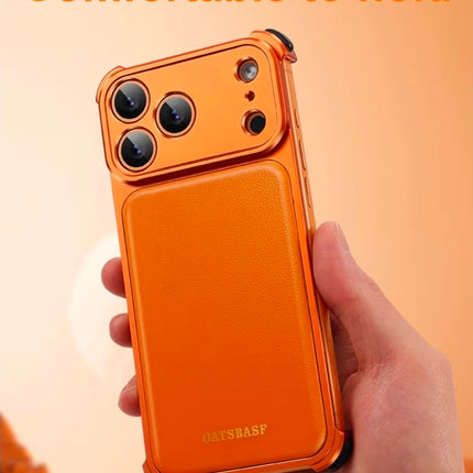 OATSBASF for iPhone 17 Pro Max Case, Full Camera Protection, Compatible with MagSafe Charger, Metal Frame Genuine Leather Back Panel Phone Case, Orange
