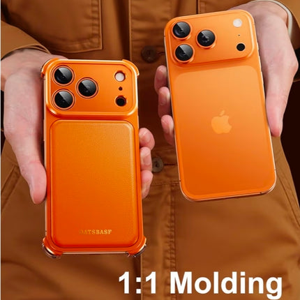 OATSBASF for iPhone 17 Pro Max Case, Full Camera Protection, Compatible with MagSafe Charger, Metal Frame Genuine Leather Back Panel Phone Case, Orange