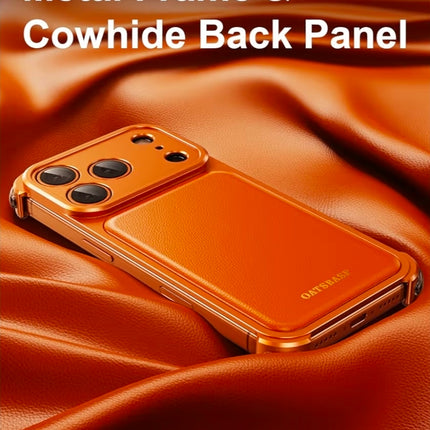 OATSBASF for iPhone 17 Pro Max Case, Full Camera Protection, Compatible with MagSafe Charger, Metal Frame Genuine Leather Back Panel Phone Case, Orange