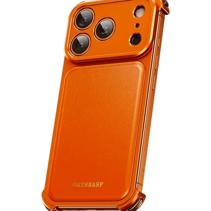 OATSBASF for iPhone 17 Pro Max Case, Full Camera Protection, Compatible with MagSafe Charger, Metal Frame Genuine Leather Back Panel Phone Case, Orange