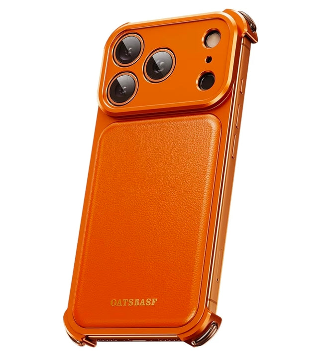 OATSBASF for iPhone 17 Pro Max Case, Full Camera Protection, Compatible with MagSafe Charger, Metal Frame Genuine Leather Back Panel Phone Case, Orange