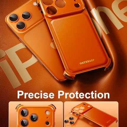 OATSBASF for iPhone 17 Pro Max Case, Full Camera Protection, Compatible with MagSafe Charger, Metal Frame Genuine Leather Back Panel Phone Case, Orange